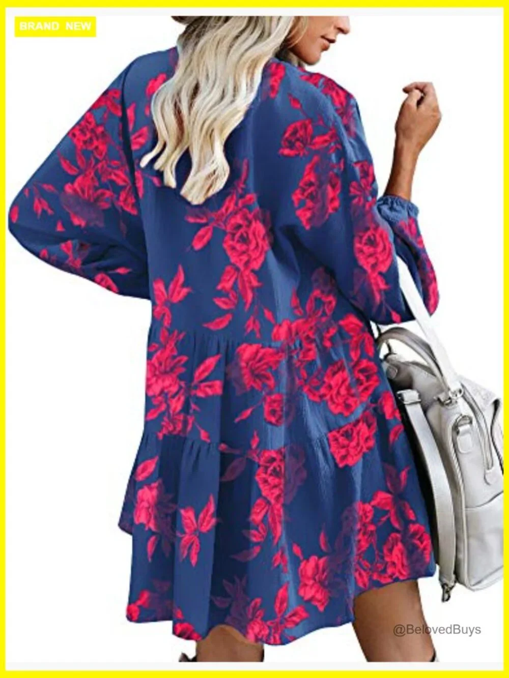 Women's Shift Tunic Dress with Pockets Long Sleeve Swing Babydoll Mini Dress - Picture 2 of 6
